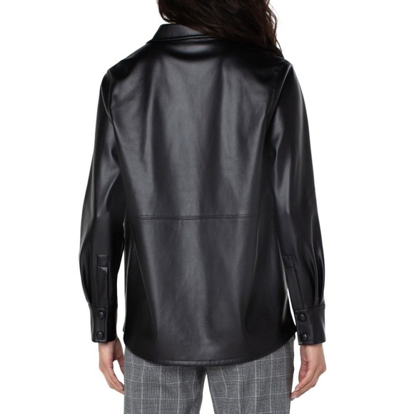 Liverpool Seamed Faux Vegan Button-down Leather Shacket, Black, Size XS‎ - Picture 2 of 12